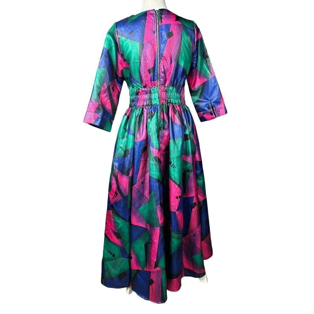 Eien A-Line Midi Dress Size Small Geometric Blue Pink Artsy Vintage Inspired - Picture 3 of 8